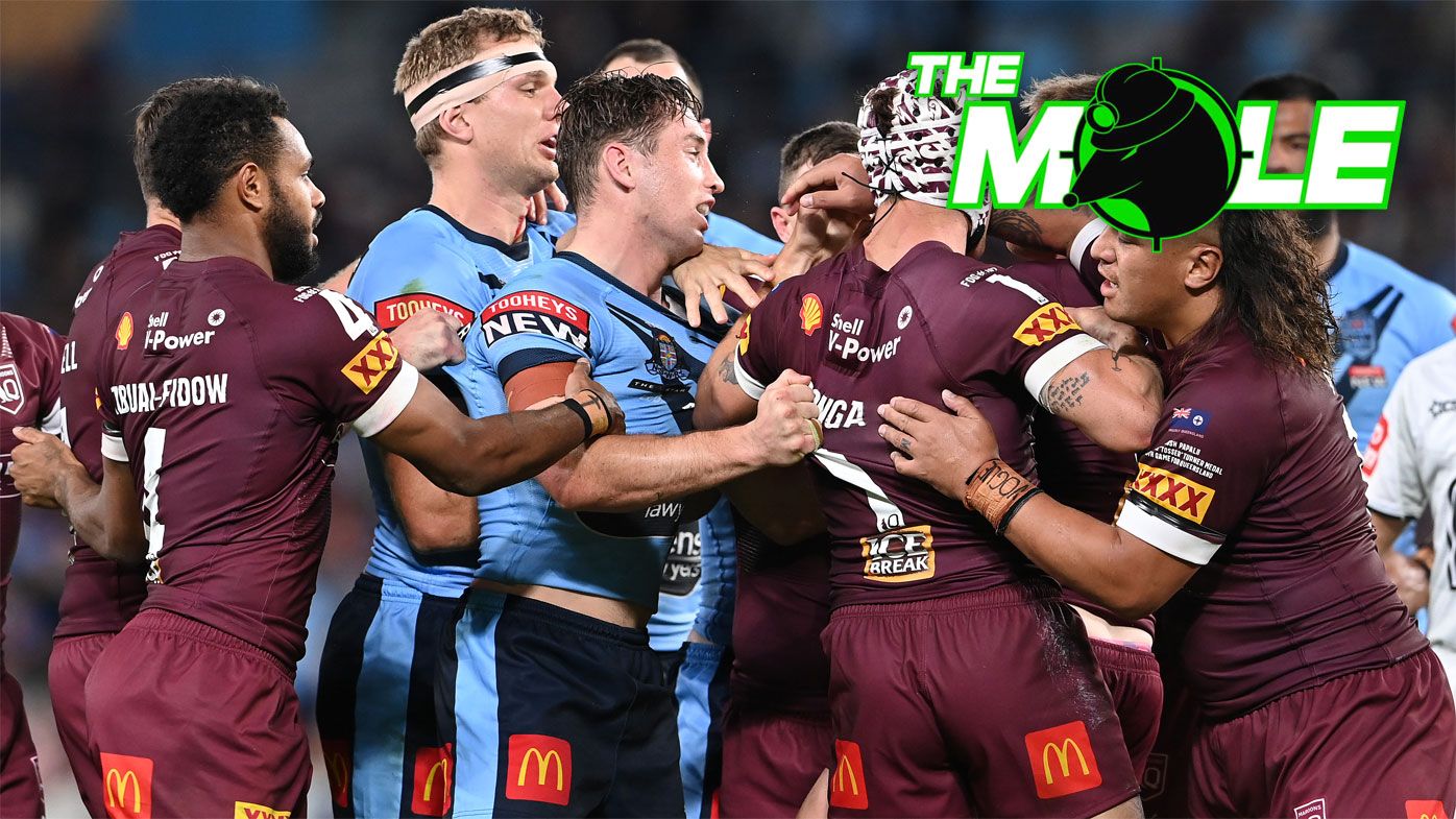 NSW and Queensland players come together in a fiery Origin III.