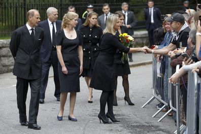 Prince Edward, Earl of Wessex,  Lady Louise Windsor, Sophie, Countess of Wessex, Prince Andrew, Duke of York,  Princess Beatrice of York and Princess Eugenie of York meet well-wishers outside Crathie Kirk church on September 10, 2022 in Crathie near Aberdeen, United Kingdom. 