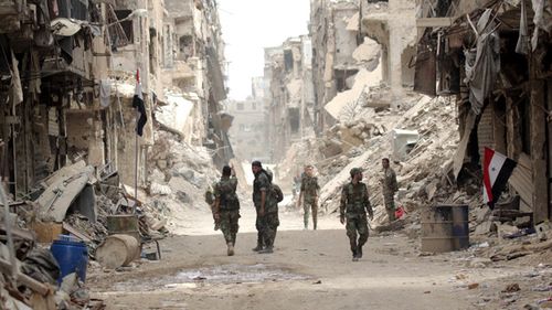 A picture taken on February 12, 2018 shows collapsed buildings at eastern Aleppo in Syria. Buildings are left damaged since the battle for eastern Aleppo occurred in the city during the Syrian Civil War.