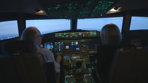 Boeing 777 pilot and instructor Simon Hardy takes Brown inside MH370’s final moments through a series of flight simulations. (Picture: 60 Minutes)