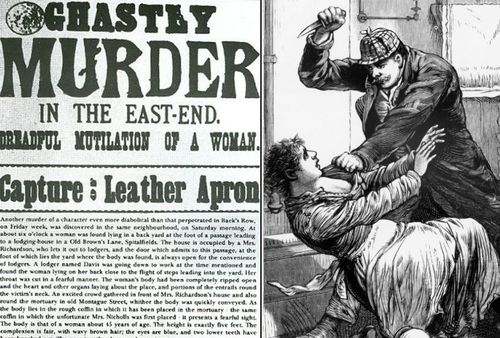 A front page of a London newspaper in 1888 and, right, an artist impression of Jack The Ripper's killings.