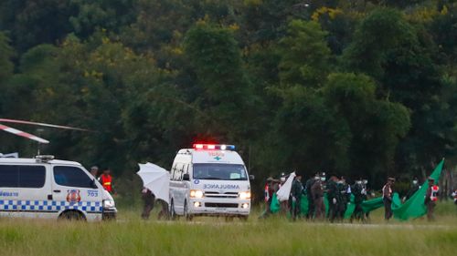 An ambulance waits to pick up the trapped boys. Picture: AAP