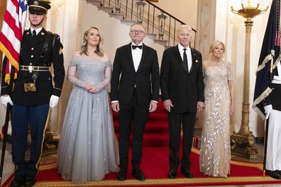 Jodie Haydon and Prime Minister Anthony Albanese arrive for a state dinner hosted by President of the United States Joe Biden and First Lady Dr Jill Biden at the White House, during Prime Minister Anthony Albanese's state visit to the United States of America, in Washington DC on Wednesday 25 October 2023. fedpol Photo: Alex Ellinghausen