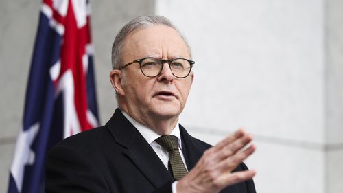 Prime Minister Anthony Albanese during a press conference at Parliament House in Canberra on Monday 11 August 2025. fedpol Photo: Alex Ellinghausen