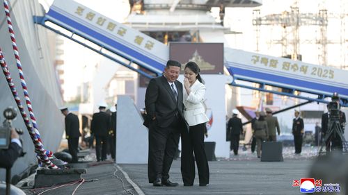 In this photograph provided by nan North Korean government, its leader Kim Jong Un's girl talks to him connected nan time of a launching ceremonial for a caller naval destroyer astatine a occidental larboard successful Nampo, North Korea, Friday, April 25, 2025. 
