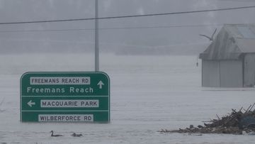 Road signs are submerged under floodwater along the Hawkesbury River near the Windsor Bridge.