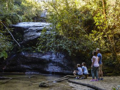 Family enjoying the scenery along the South Lawson Waterfall Circuit in the Blue Mountains.