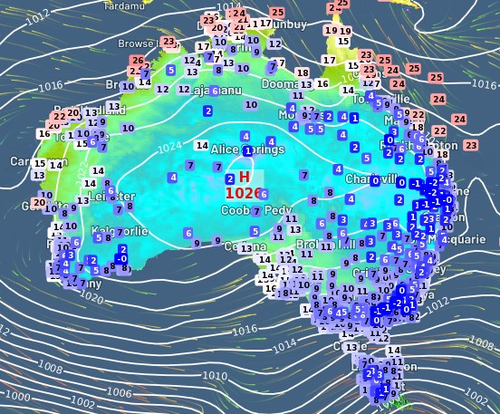 Live temps as of6:30 am Monday AEST, shows freezing temps extend well up into Queensland.