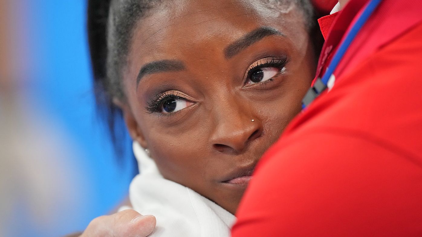 Simone Biles of Team US reacts during the Women&#x27;s Team Final 