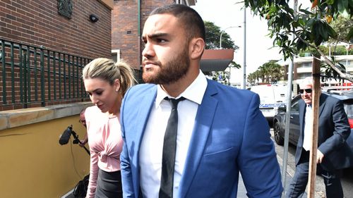 Manly Sea Eagles centre Dylan Walker arrives at Manly Local Court this morning, pleading not guilty to two assault charges.