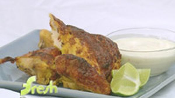 Squashed chook with spicy yogurt marinade and coconut and lime raita