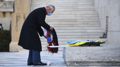 Prince Charles, Prince of Wales lays a wreath laying at the Memorial of the Unknown Soldier in Syntagma Square during their two-day visit to Greece to celebrate the bicentenary of Greek independence on March 25, 2021in Athens, Greece