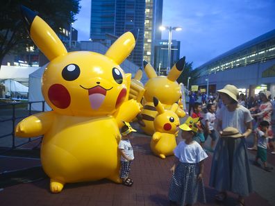 Pikachu balloons displayed at the square in front of Sakuragicho Station during the fifth "Pikachu Outbreak" annual event.