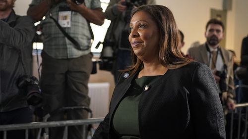 New York Attorney General Letitia James arrives for the trial of former President Donald Trump at New York Supreme Court, Tuesday, Oct. 17, 2023, in New York 