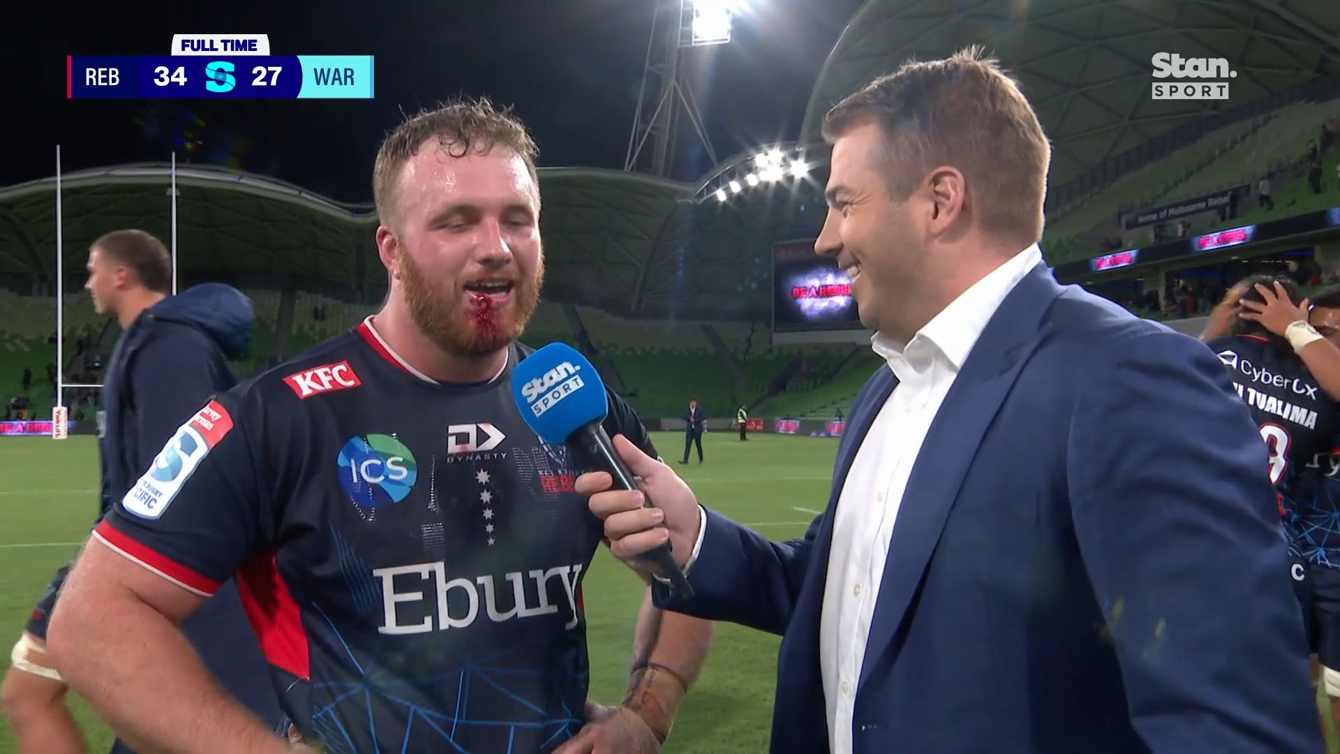 Drew Mitchell loses it while interviewing Melbourne's cult hero prop: 'That's why you wear your mouthguards kids'
