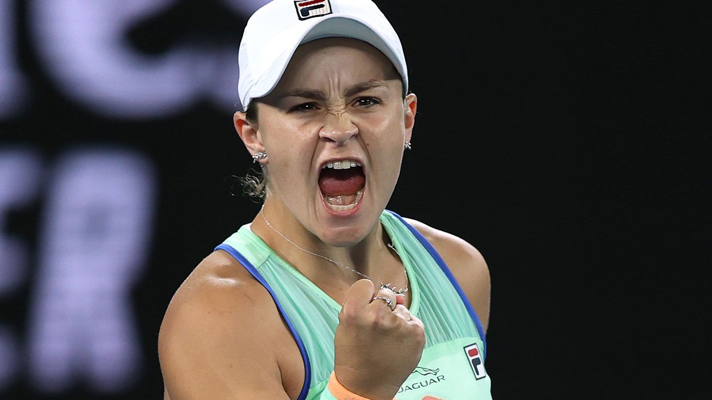 Ashleigh Barty of Australia celebrates after winning match point during her Women&#x27;s Singles fourth round match against Alison Riske