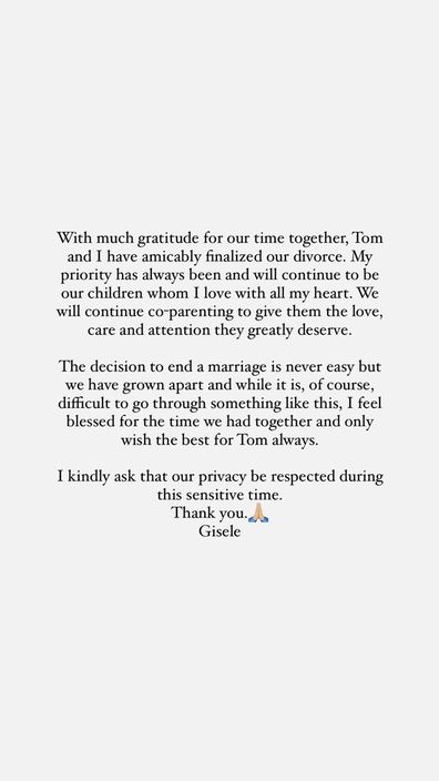 Instagram Story statement from Gisele Bundchen on her divorce from Tom Brady