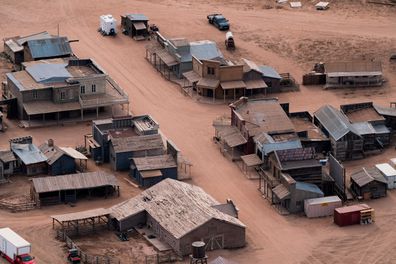 This aerial photo shows the Bonanza Creek Ranch in Santa Fe, New Mexico, on October 23, where "Rust" is being filmed.