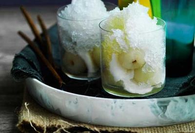 Coconut snow cones with young coconut and pineapple-ginger syrup