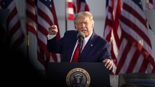 President Donald Trump speaks during a campaign rally at Dayton International Airport, Monday, Sept. 21, 2020, at Dayton, Ohio. (AP Photo/Alex Brandon)