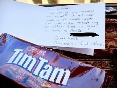 The TimTam delivery from the office worker on her break.