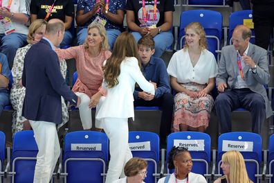 Prince William, Duke of Cambridge, Catherine, Duchess of Cambridge and Princess Charlotte of Cambridge arrive at the Sandwell Aquatics Centre during the 2022 Commonwealth Games on August 02, 2022 in Birmingham, England 
