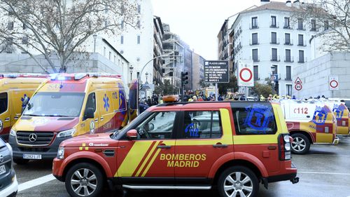 Emergency services at the scene after six floors have collapsed on a building after a large explosion on Toledo Street in central Madrid on January 20, 2021 in Madrid, Spain