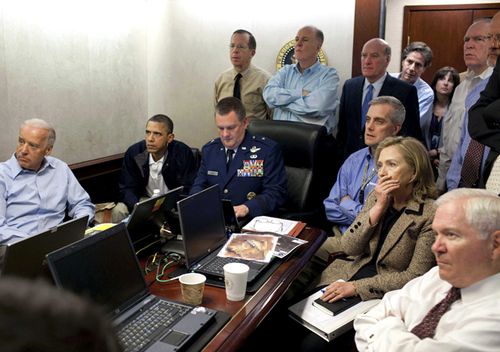 President Barack Obama and a team of his close advisors receive an update on the mission against Osama bin Laden in the Situation Room of the White House in Washington. 