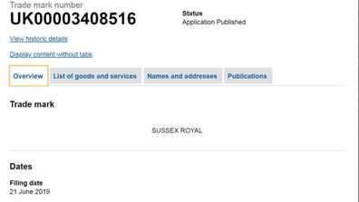 Sussex Royal trademark granted - screenshot Intellectual Property Office