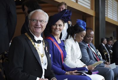 King Carl XVI Gustaf, left, and Crown Princess Victoria attend the enthronement ceremony of Japan's Emperor Naruhito in Tokyo, 2019.