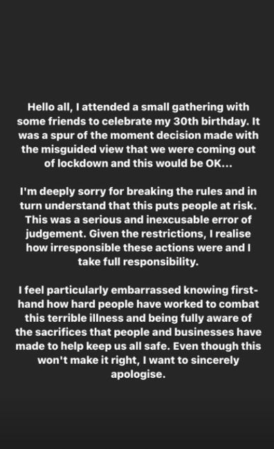 Rita Ora apologises on Instagram.