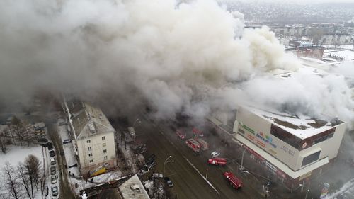 Shopping mall Zimnyaya Vishnya on fire in the Siberian city of Kemerovo, Russia