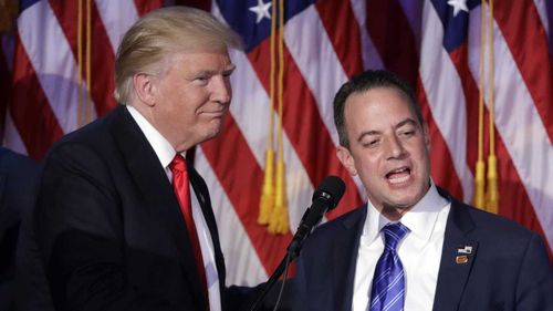 Donald Trump and Reince Preibus at the former's presidential victory speech. (AP)