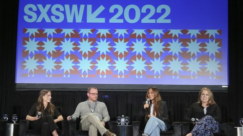 Nile Cappello, Ross Dinerstein, Chrissy Teigen and Marina Zenovich, from left, take part in the Featured Session: Examining The Way Down: God, Greed, and the Cult of Gwen Shamblin at the Austin Convention Center during the South by Southwest Interactive Festival on Saturday, March 12, 2022, in Austin, Texas. 