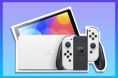 9PR: Nintendo Switch Console OLED Model - White, on a blue and purple background.