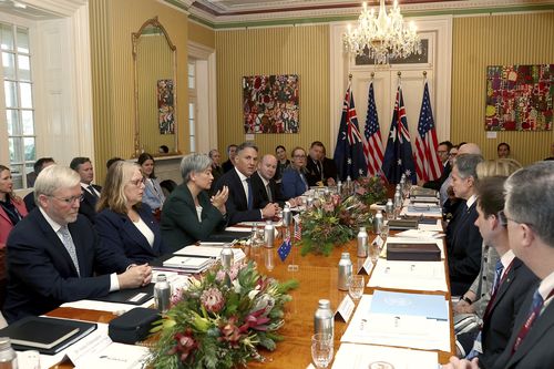 Australia's Defence Minister Richard Marles, center left, addresses US Secretary of State Antony Blinken, centre right, and US Secretary of Defence Lloyd Austin as Australia's Foreign Minister Penny Wong, left of Marles, looks on during Session I at Queensland Government House in Brisbane, Australia, Saturday, July 29, 2023. 