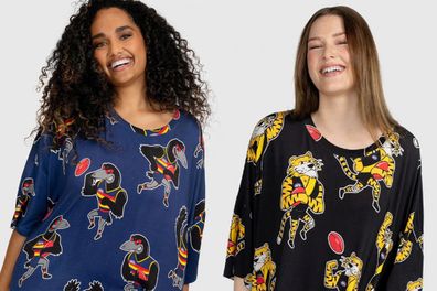 9PR: Two women wearing The Oodie AFL Sleep Tees, Adelaide Crows and Richmond Cats