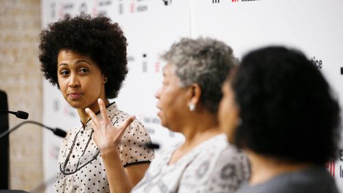 Shirah Dedman, left, Luz Myles, center, Phoebe Dedman, right, descendants of lynching victims speak at a news conference about their family heritage. (AP)