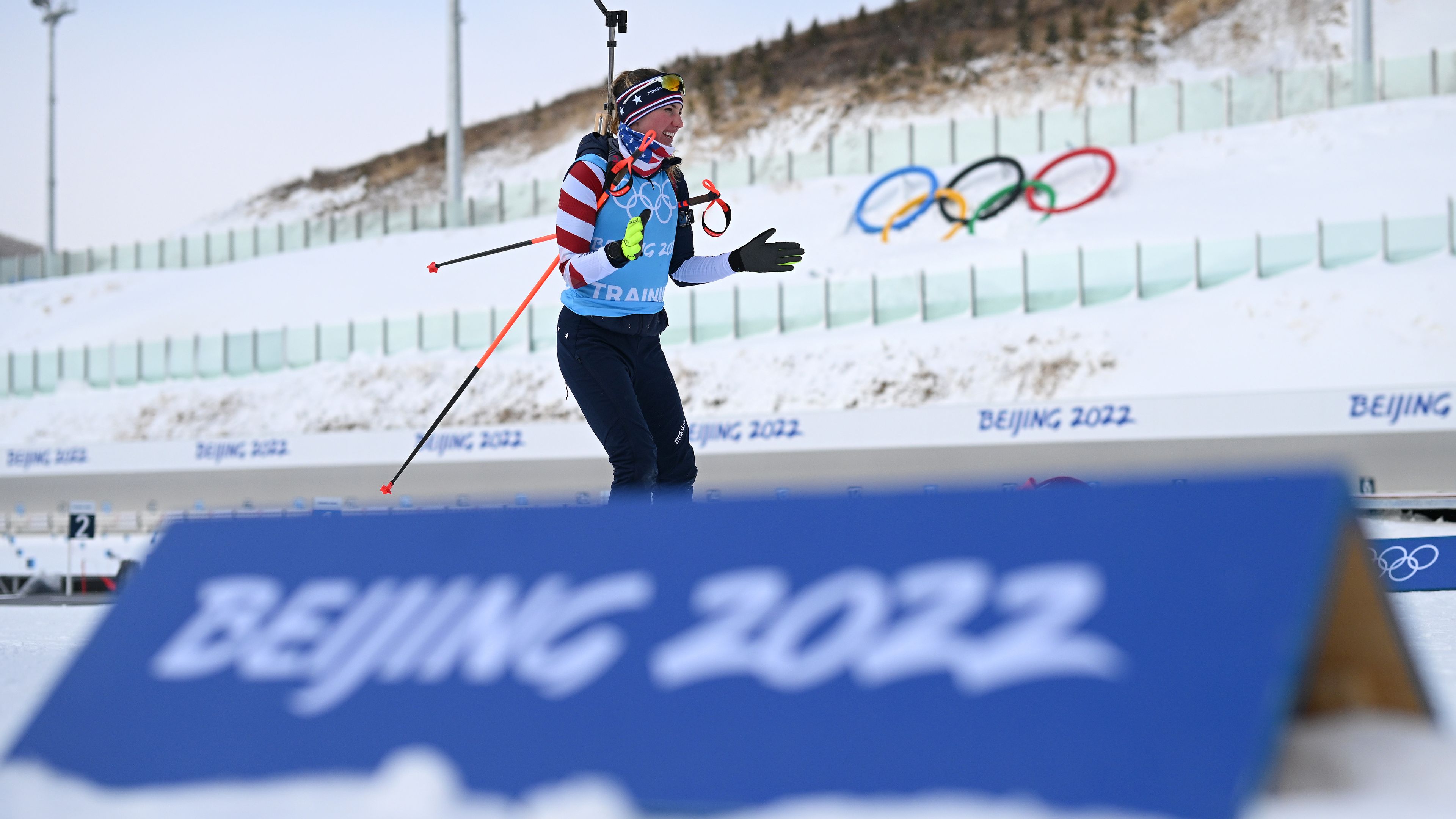 Athlete of Team United States skis during the Biathlon Training Session at National Biathlon Centre ahead of Beijing 2022 Winter Olympic Games.