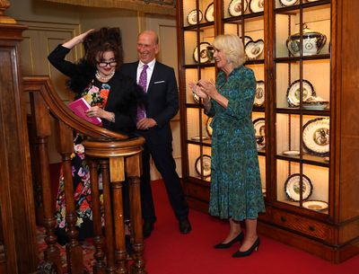 (L-R) Helena Bonham Carter, William Sieghart founder and CEO of the Forward Arts Foundation and Queen Camilla during a reception celebrating 30 years of the Forward Arts Foundation at Clarence House in London. Wednesday October 11, 2023.  
