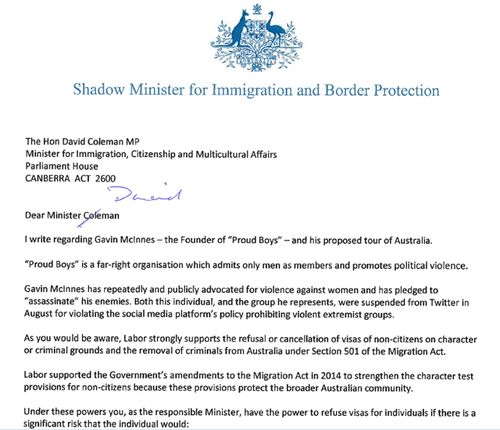 Copy of letter sent by Labor immigration spokesman Shayne Neumann to government requesting a visa for Gavin McInnes be declined. 