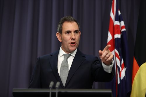 Treasurer Jim Chalmers, Minister for Trade and Tourism Don Farrell, Minister for Industry and Innovation, Minister for Science Tim Ayres during a press conference at Parliament House in Canberra on August 28, 2025. fedpol Photo: Dominic Lorrimer