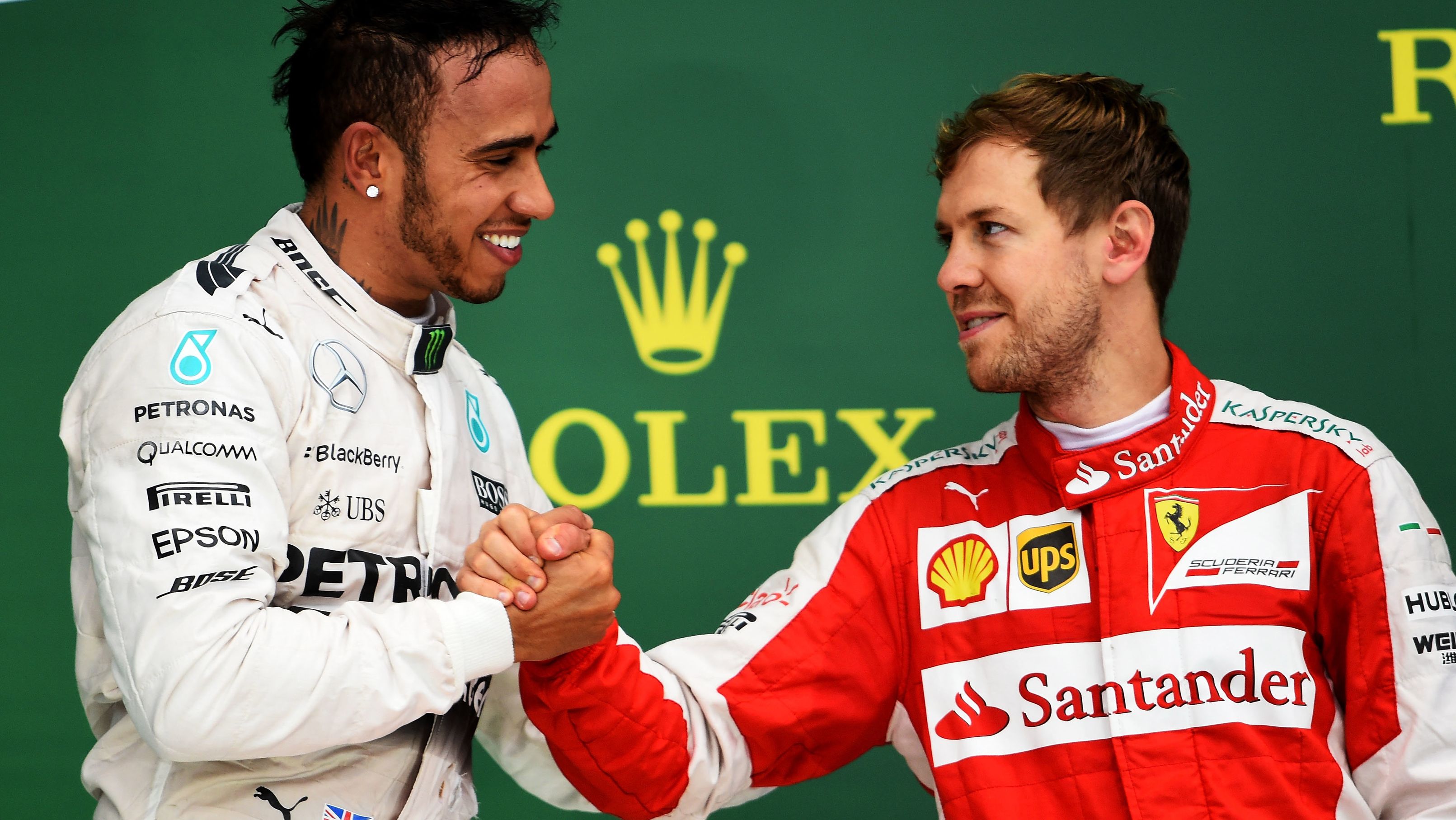 Lewis Hamilton (left) and Sebastian Vettel on the podium at the 2015 United States Grand Prix at Circuit of the Americas.