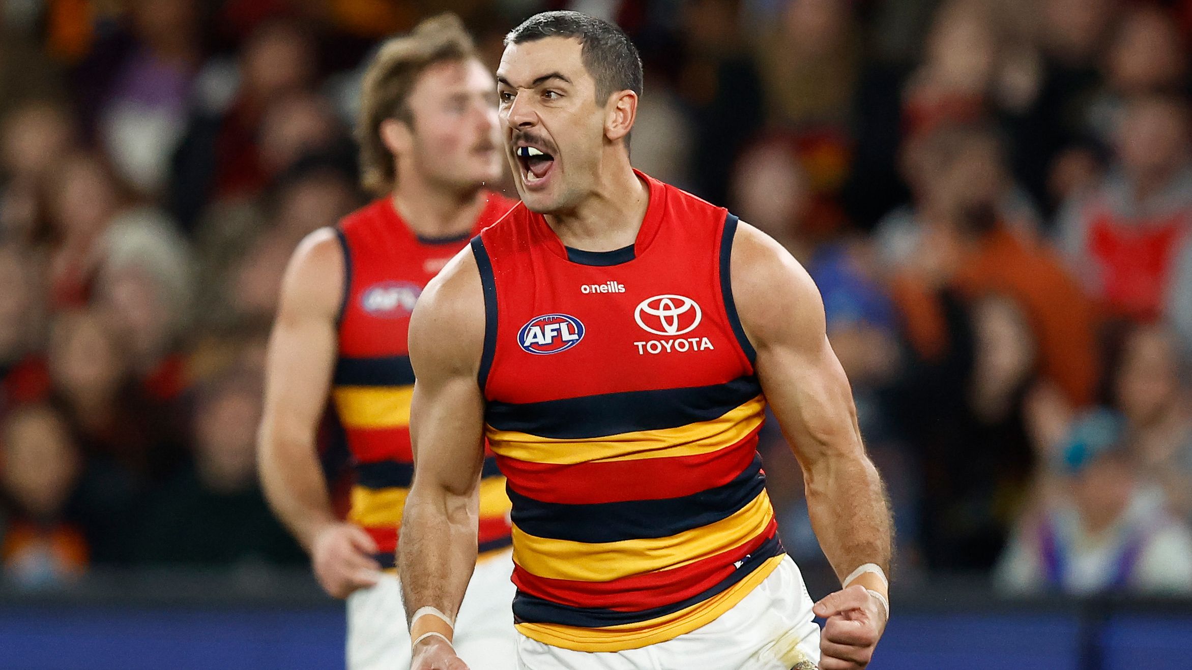 MELBOURNE, AUSTRALIA - JULY 09: Taylor Walker of the Crows celebrates a goal during the 2023 AFL Round 17 match between the Essendon Bombers and the Adelaide Crows at Marvel Stadium on July 9, 2023 in Melbourne, Australia. (Photo by Michael Willson/AFL Photos via Getty Images)