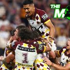 Brisbane Broncos players celebrate a try against the Cowboys.