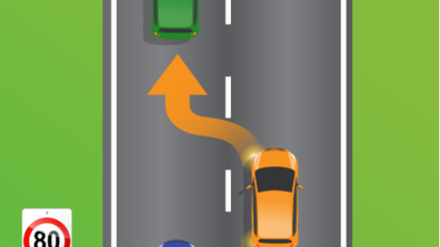 The orange car towing a trailer has overtaken the blue car. Is it safe for them to return to the left lane?