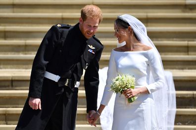 Prince Harry and Meghan Markle leaving at St. George's Chapel in Windsor Castle after their wedding ceremony. 