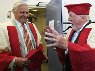 Lord Richard and Sir David Attenborough in their robes before being awarded the title of Distinguished Honorary Fellowships from the University of Leicester on July 13, 2006.