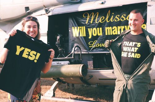 A U-S Marine who was deployed to Australia on a six-month rotation, has used a chopper to propose to his girlfriend, who lives in Darwin.