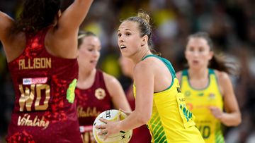 Paige Hadley of the Australia Diamonds looks to pass the ball during the Netball International match between Australia and England on October 30, 2022 at Qudos Bank Arena in Sydney, Australia. (Photo by Steven Markham/Speed Media/Icon Sportswire)